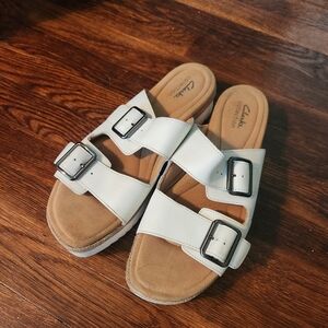 Clarks Women's Collection Lana Beach White Leather Slide Sandals Size 12